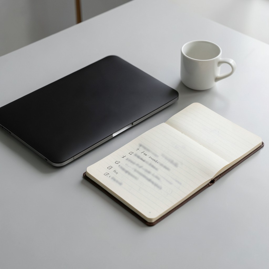 Cuaderno con lista de preparación junto a un portátil cerrado