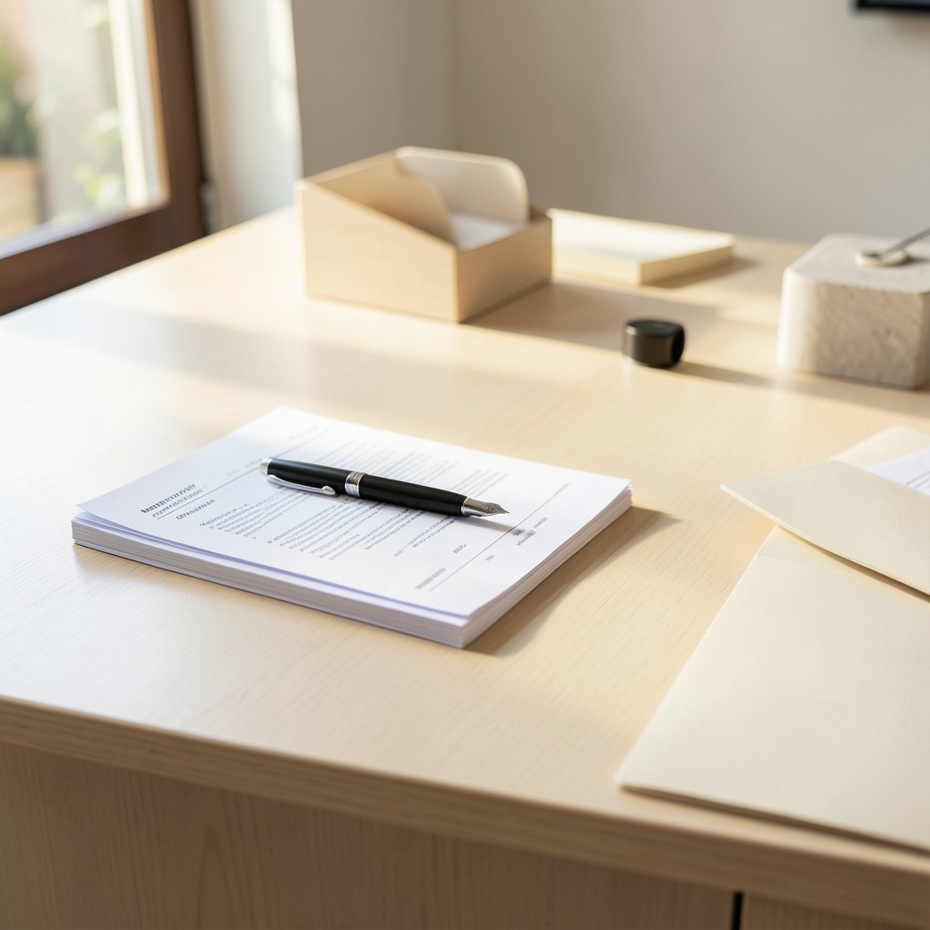 Mesa de trabajo con currículum, bolígrafo y carpetas en un despacho luminoso