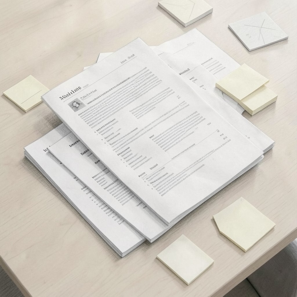 Secuencia de trabajo con borradores de currículum y notas en una mesa clara